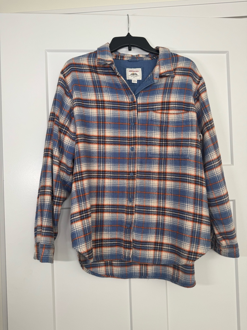 American Eagle Blue, Cream & Orange Plaid Flannel Shirt, Medium